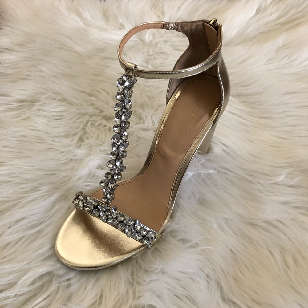 Badgley Mischka Gold T-Strap Crystal Evening Heels